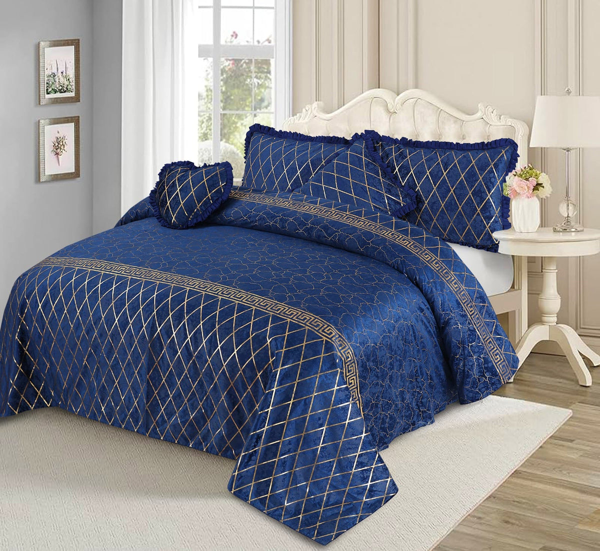 5 PCS VELVET TEXTURE VERSACE BEDSHEET SET-BLUE