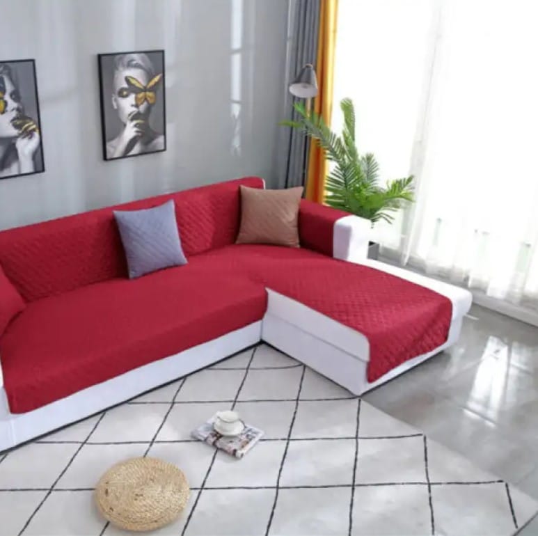 Quilted Cotton L-Shape Sofa Cover-Maroon