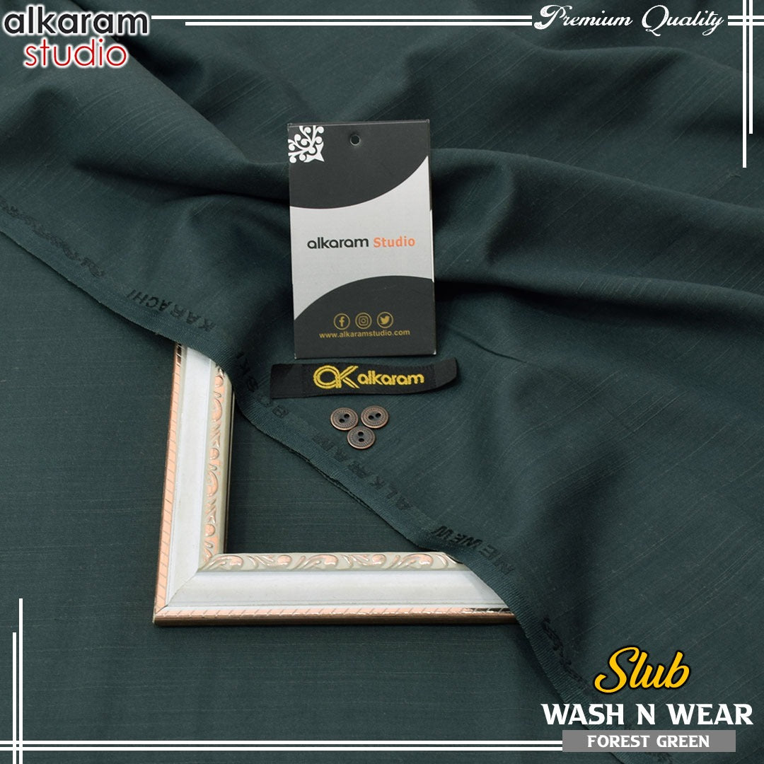 Al-Karam Men's Unstitched Slub Wash And Wear-FOREST GREEN