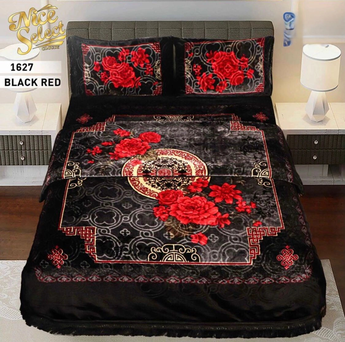 4pcs Embossed Bed Cover Set Double Bed-BLACK RED-1627