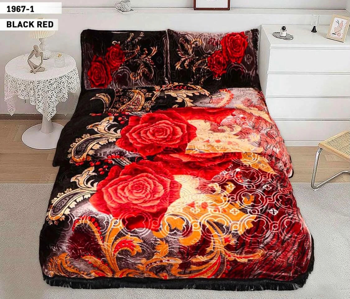 4pcs Embossed Bed Cover Set Double Bed-BLACK RED-1967