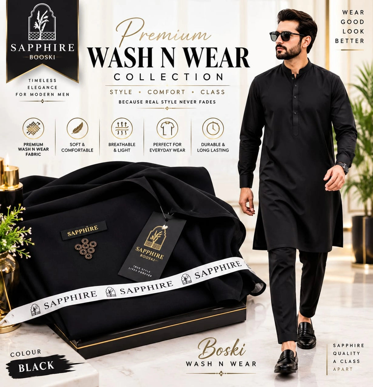 Premium Unstitched 4 Seasons imported Boski-BLACK