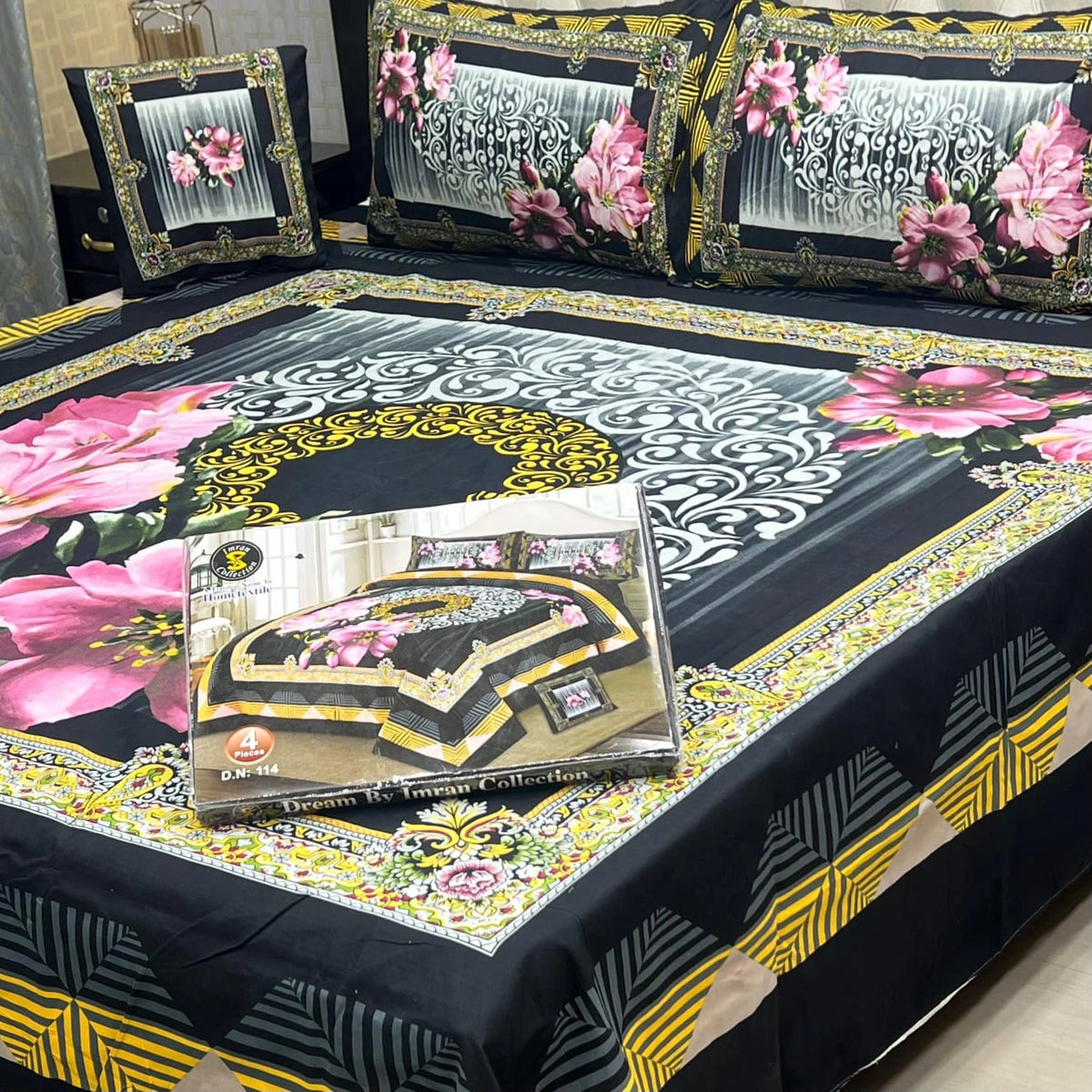 Cotton 4 Piece Double Bed Sheet Set | 3D Panel Bedsheet