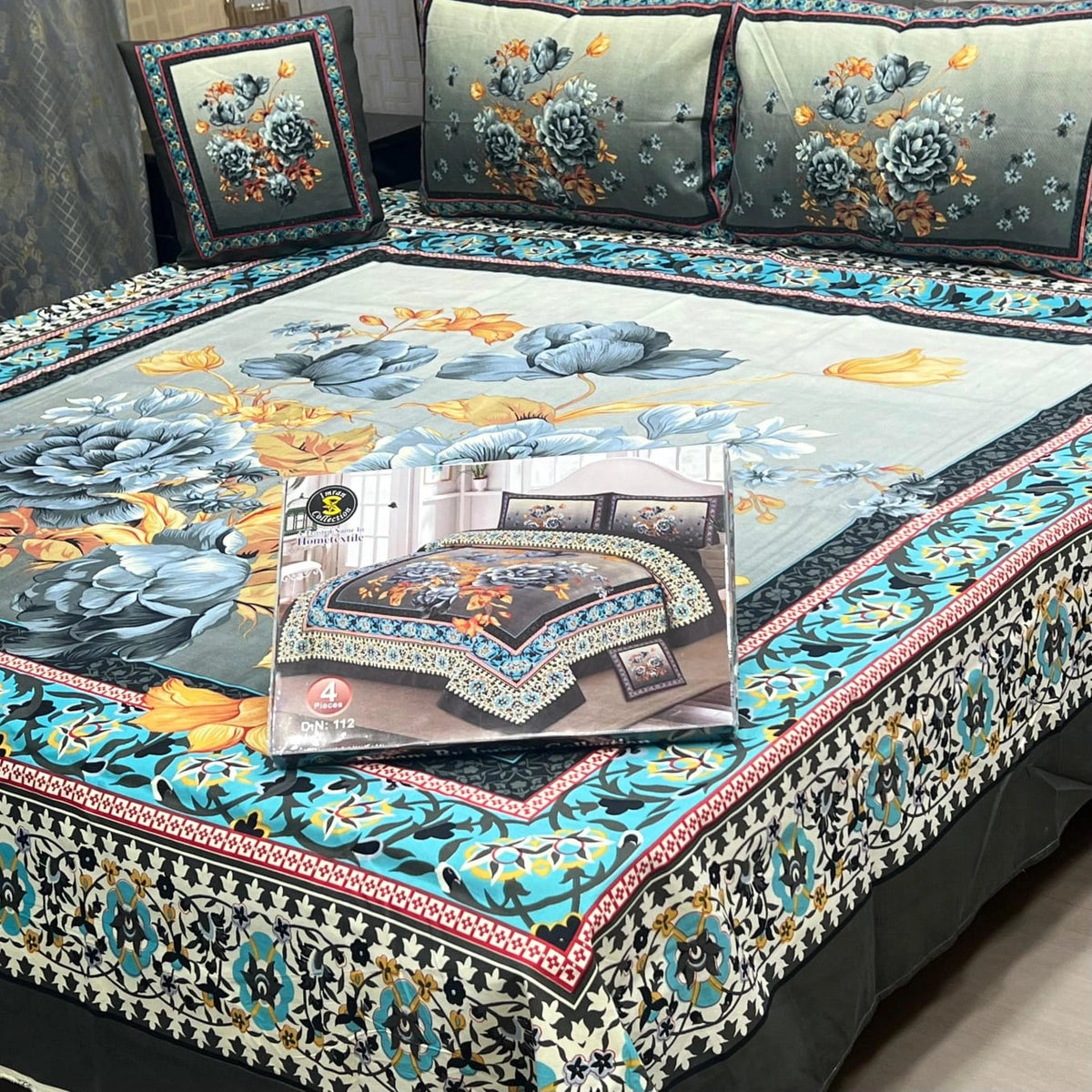 Cotton 4 Piece Double Bed Sheet Set | 3D Panel Bedsheet