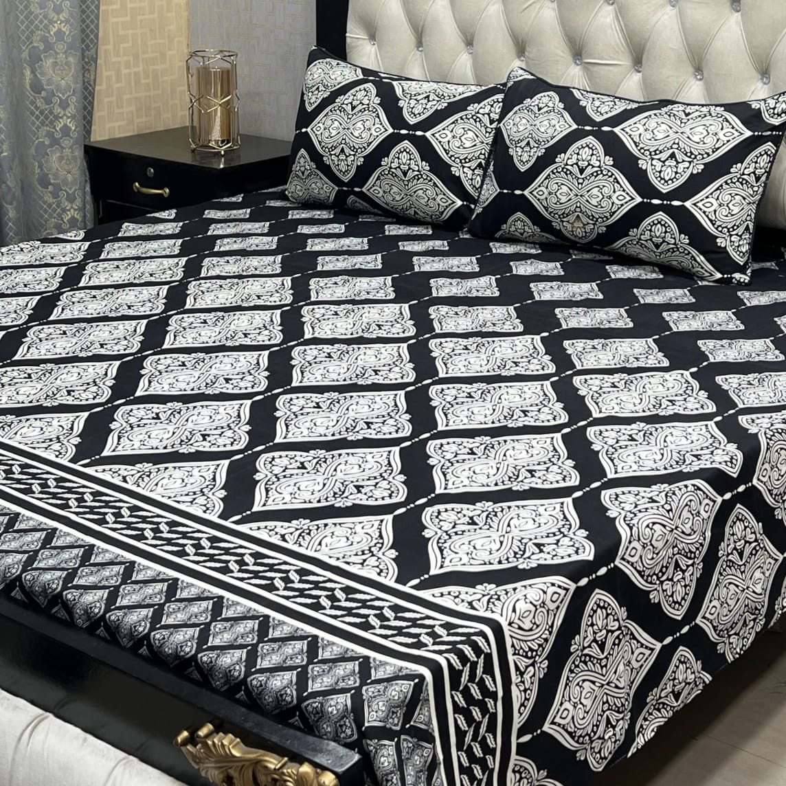 Crystal King Size Bed Sheet Set-3Pcs-Design-129