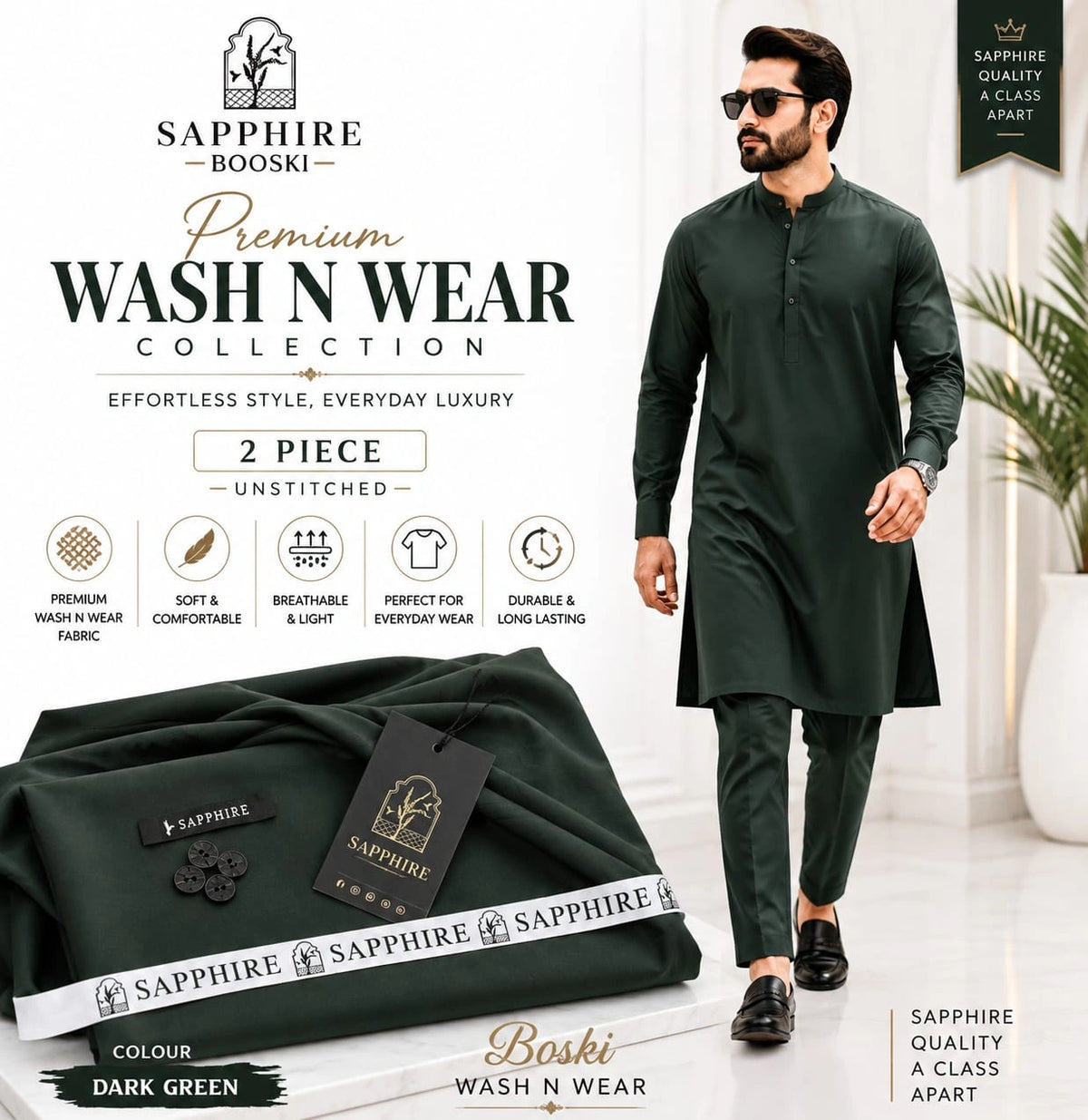 Premium Unstitched 4 Seasons imported Boski-DARK GREEN