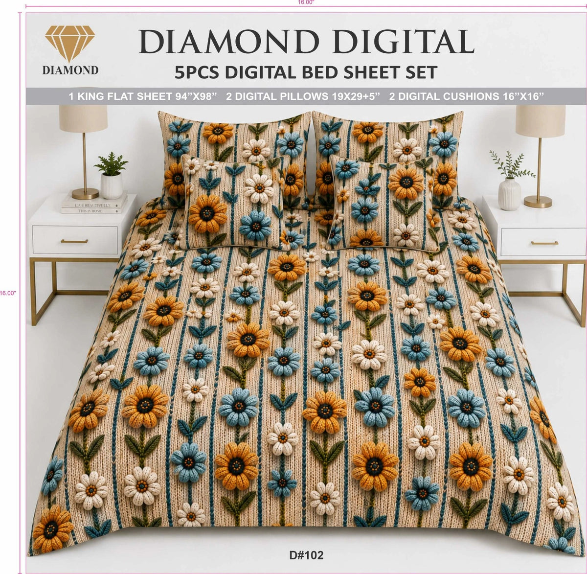 5 PCS DIGITAL BED SHEET SET
