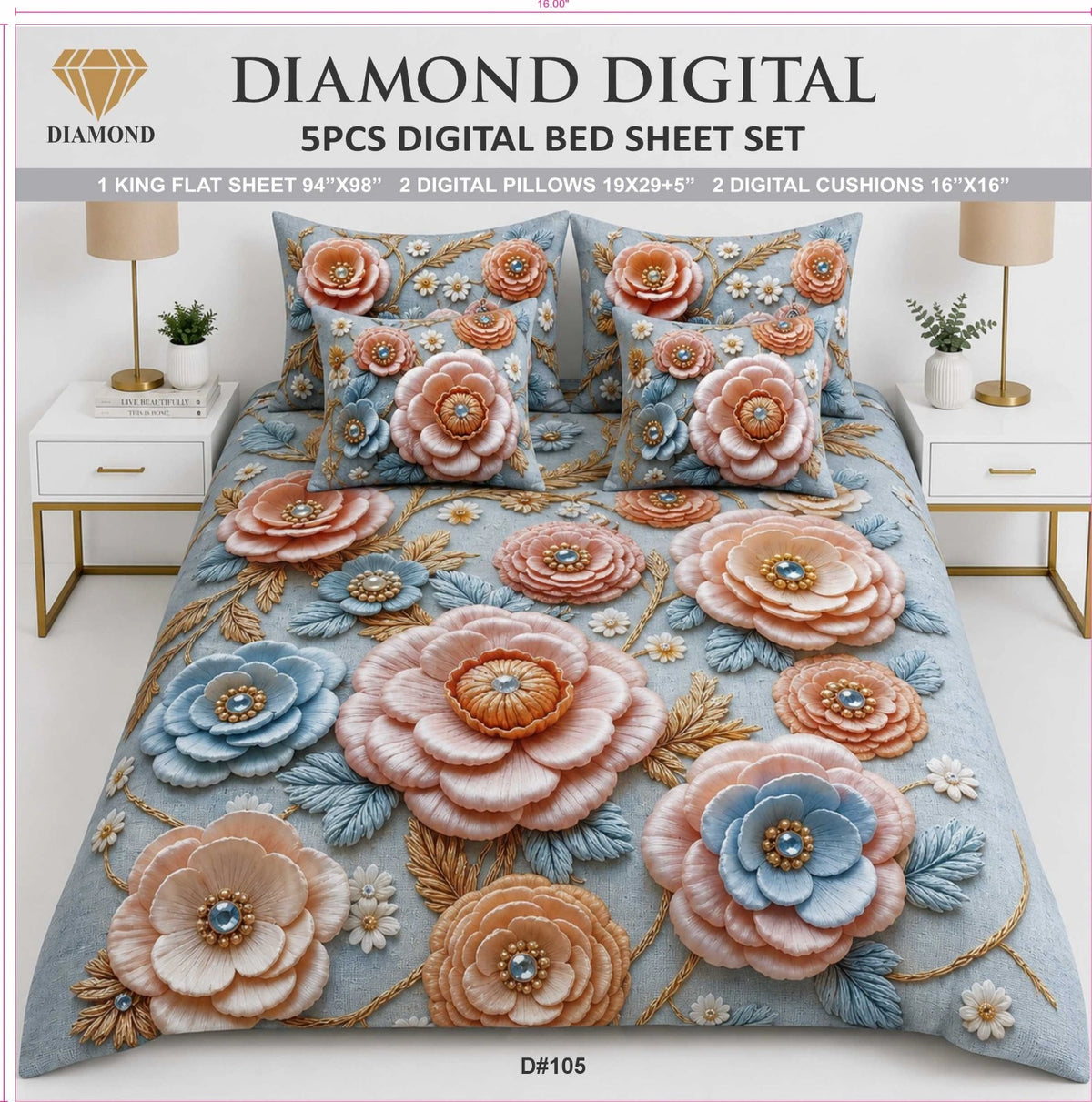 5 PCS DIGITAL BED SHEET SET