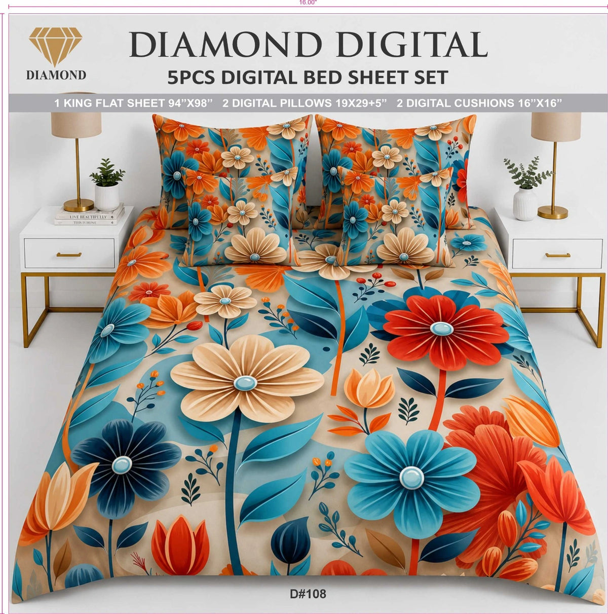 5 PCS DIGITAL BED SHEET SET