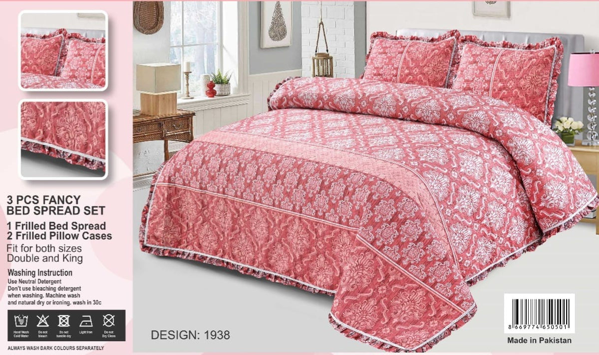 Quilted Fancy Frilled BedSpread Set-3Pcs-Design-1802