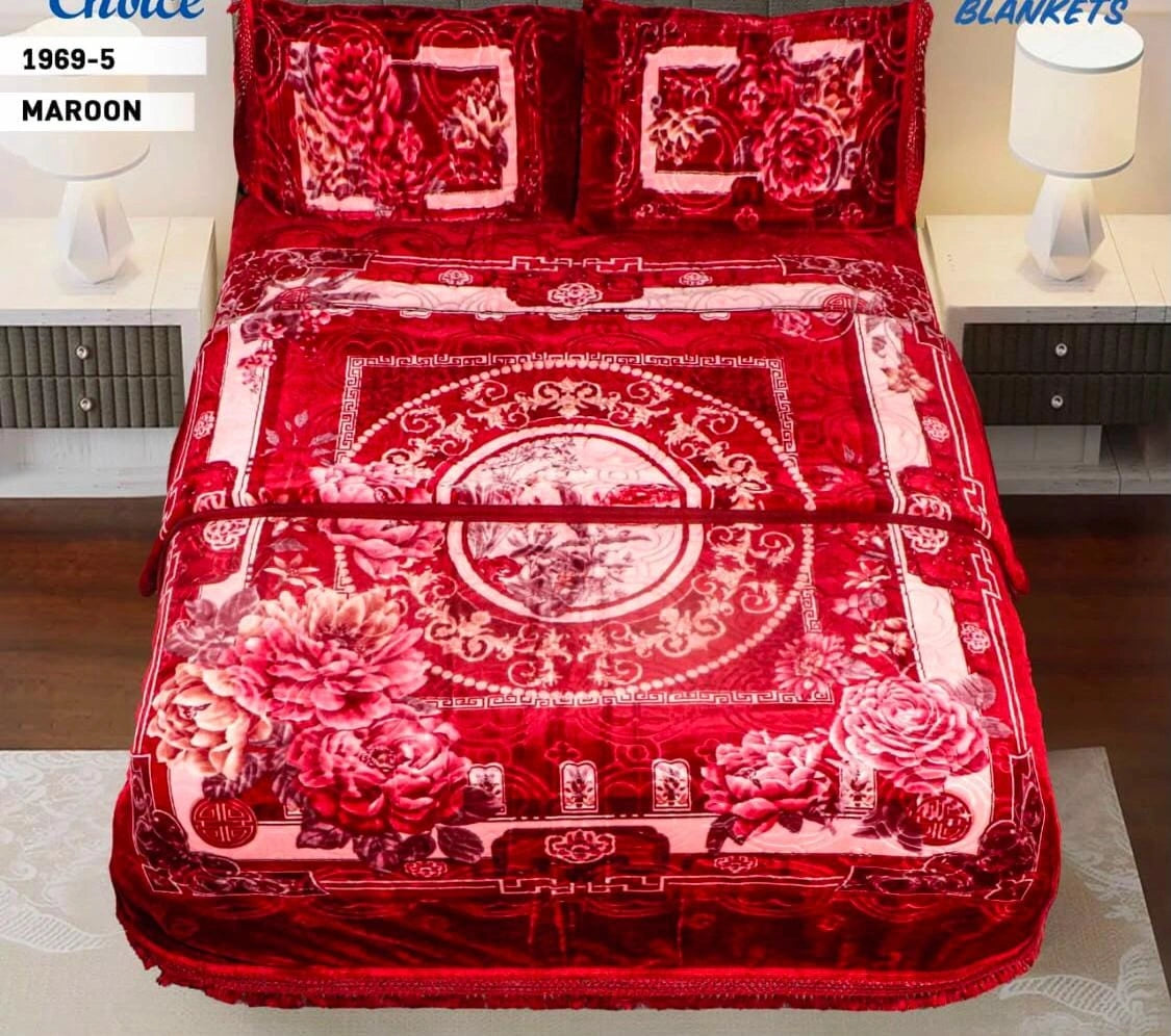 4pcs Embossed Bed Cover Set Double Bed-MAROON-1969