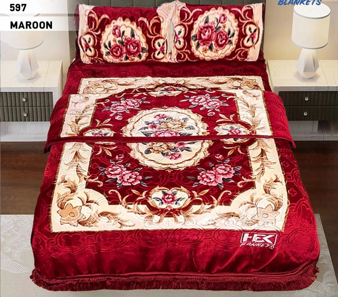 4pcs Embossed Bed Cover Set Double Bed-MAROON-597