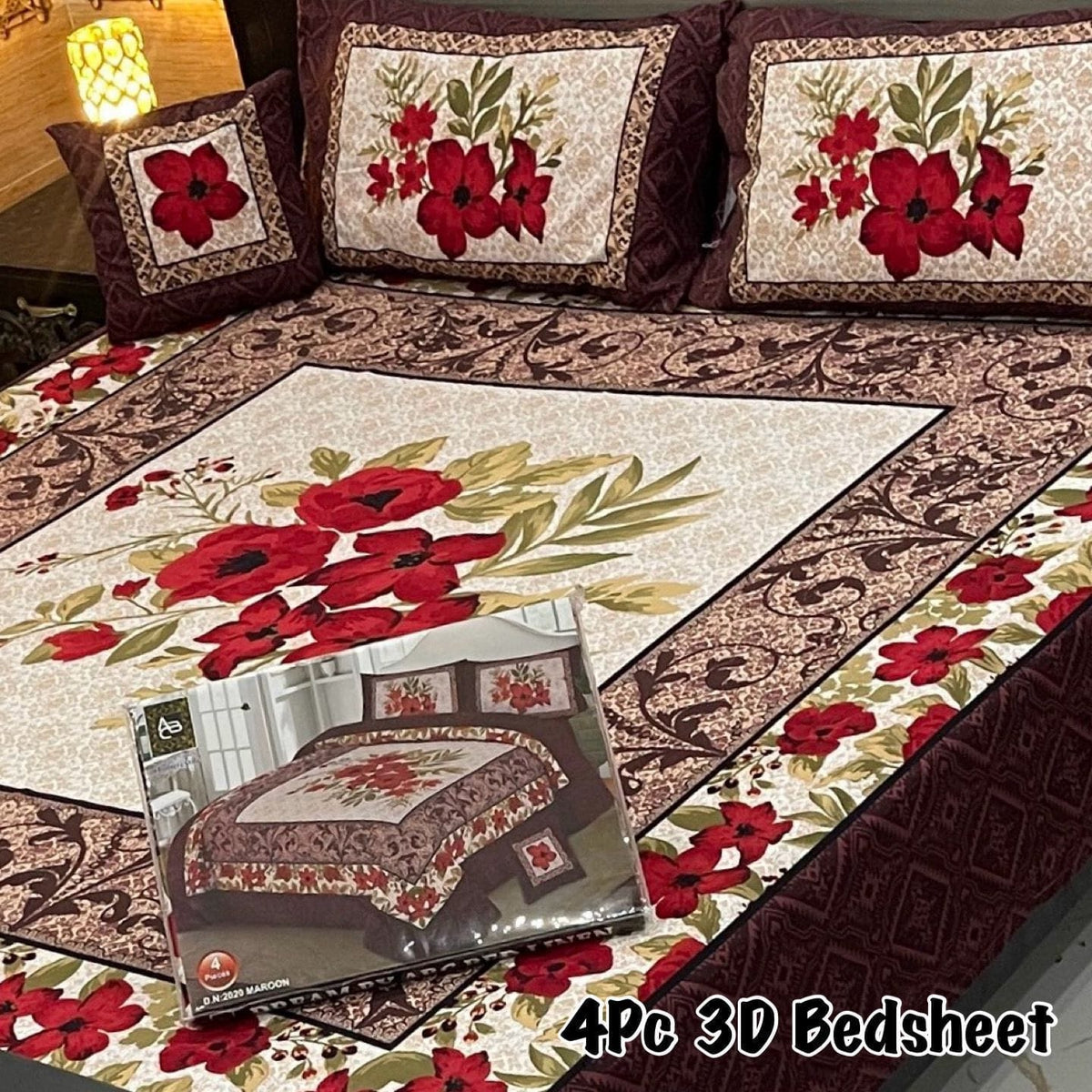 Cotton 4 Piece Double Bed Sheet Set | 3D Panel Bedsheet