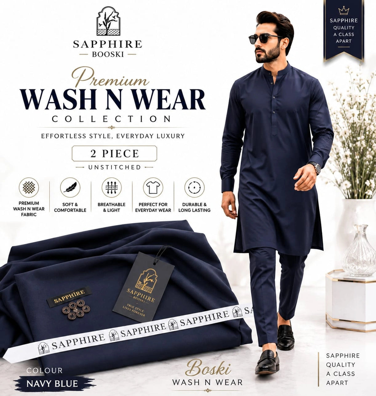 Premium Unstitched 4 Seasons imported Boski-NAVY BLUE