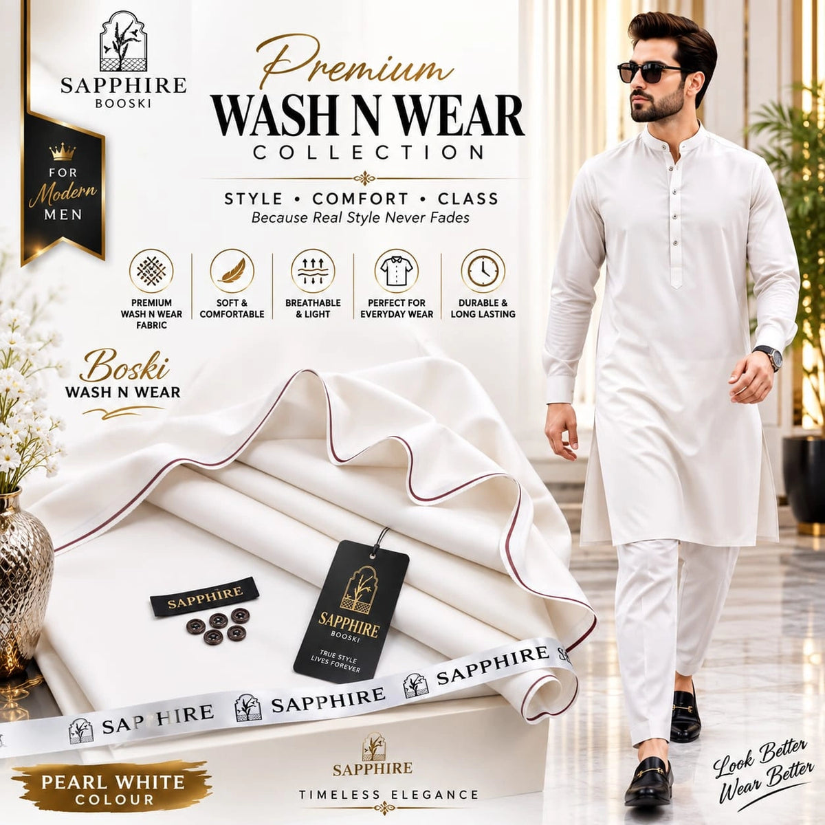 Premium Unstitched 4 Seasons imported Boski-PEARL WHITE