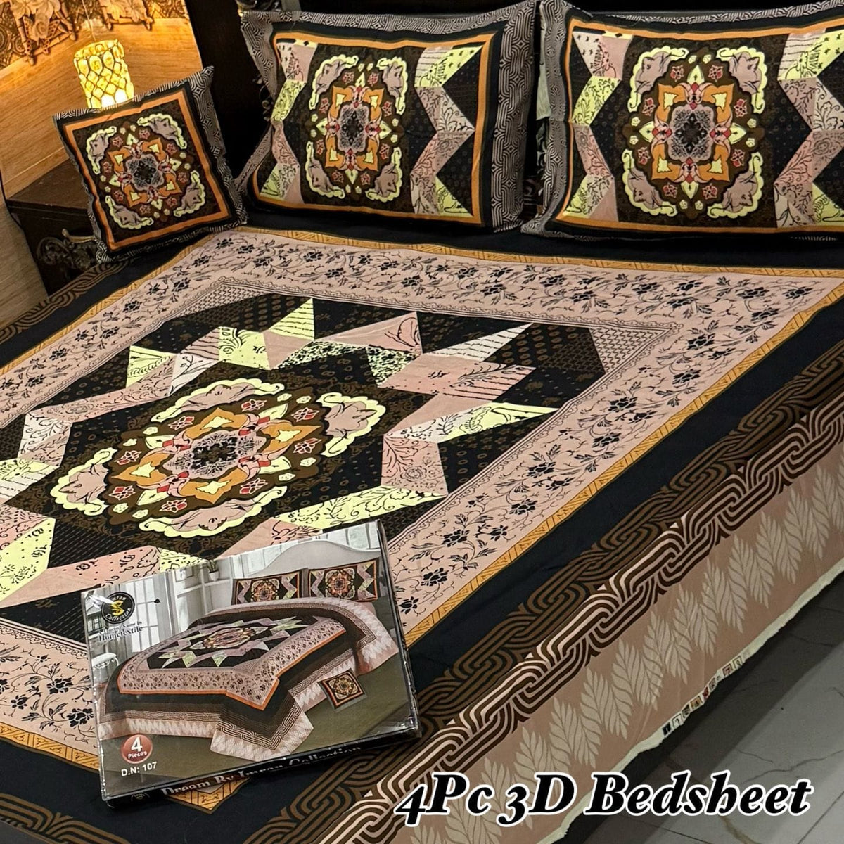 Cotton 4 Piece Double Bed Sheet Set | 3D Panel Bedsheet