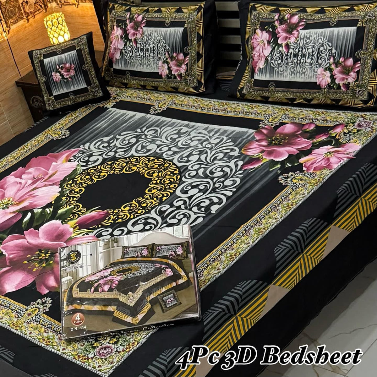 Cotton 4 Piece Double Bed Sheet Set | 3D Panel Bedsheet
