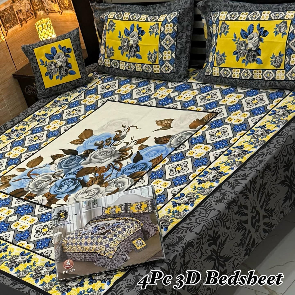 Cotton 4 Piece Double Bed Sheet Set | 3D Panel Bedsheet