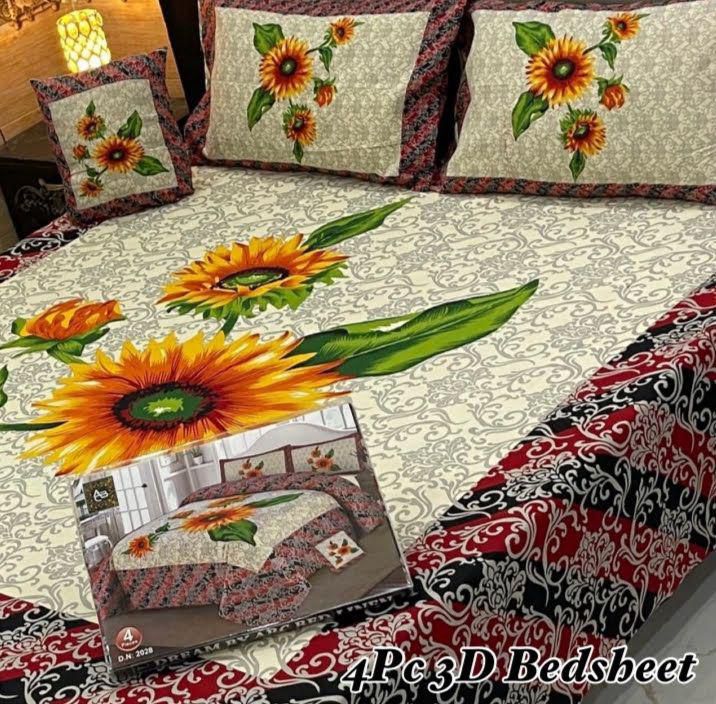 Cotton 4 Piece Double Bed Sheet Set | 3D Panel Bedsheet