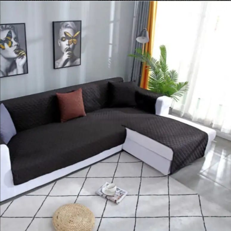 Quilted Cotton L-Shape Sofa Cover-Black