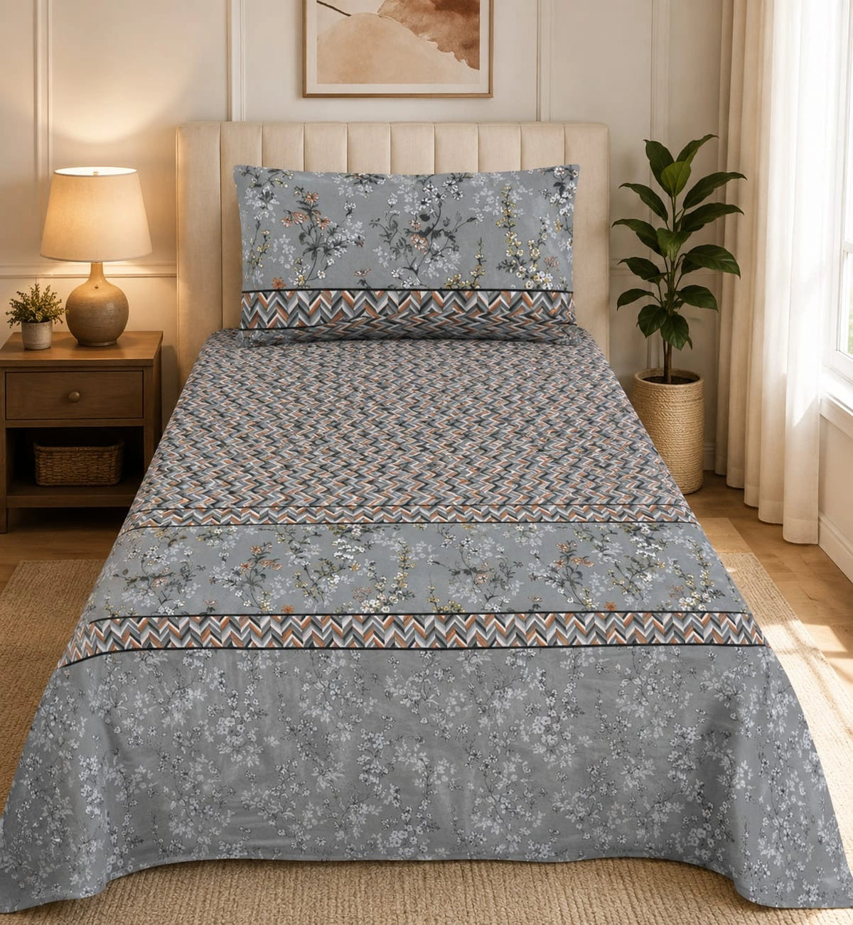Single Bed Sheet Pair (Set) Pure Cotton-Design-1702