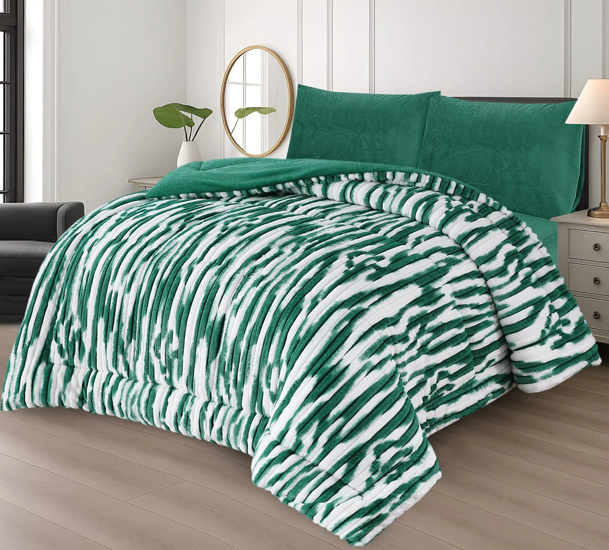 Premium 4-Piece Razai Set – Strawberry Green  & White – Double Bed Winter