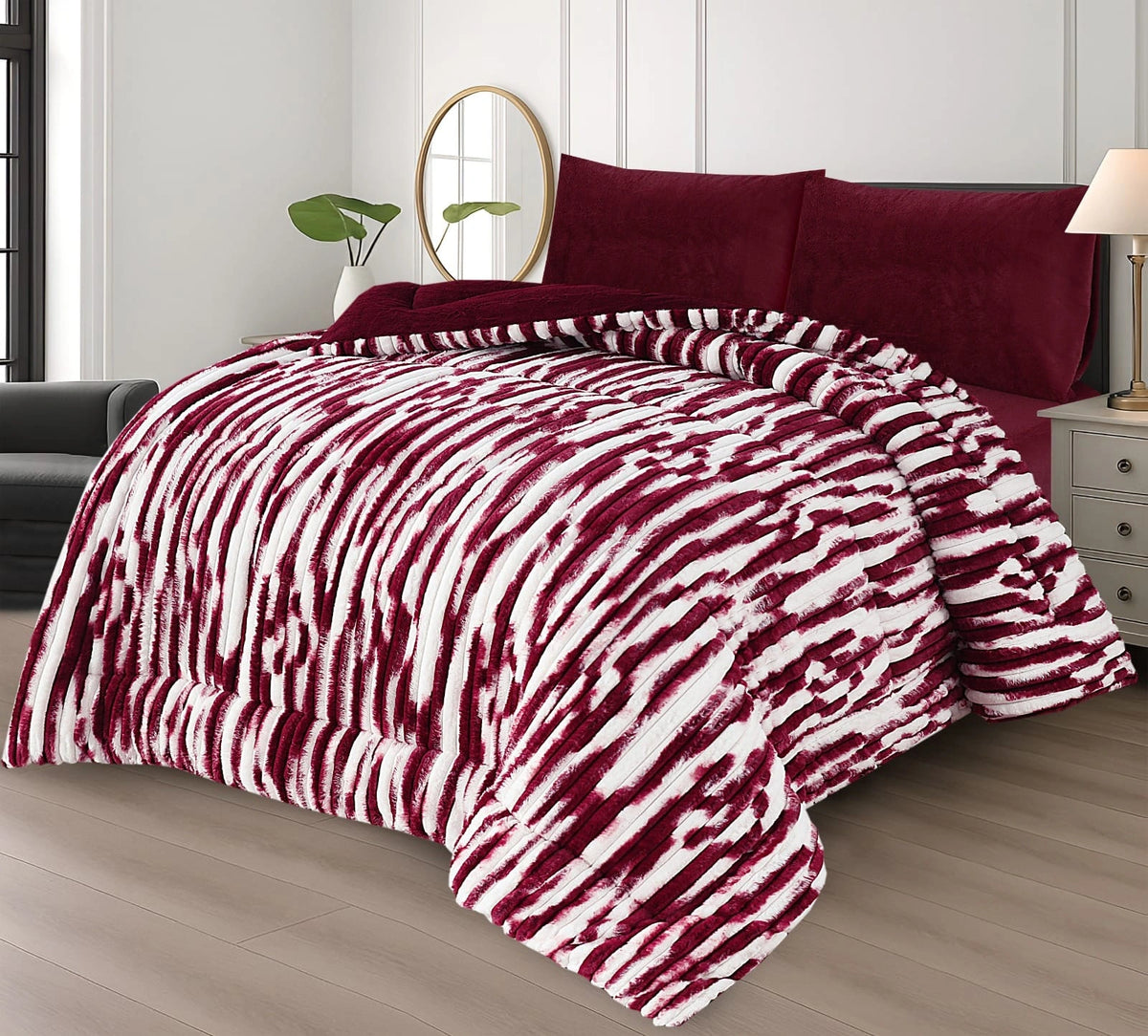 Premium 4-Piece Razai Set – Strawberry Maroon & White – Double Bed Winter