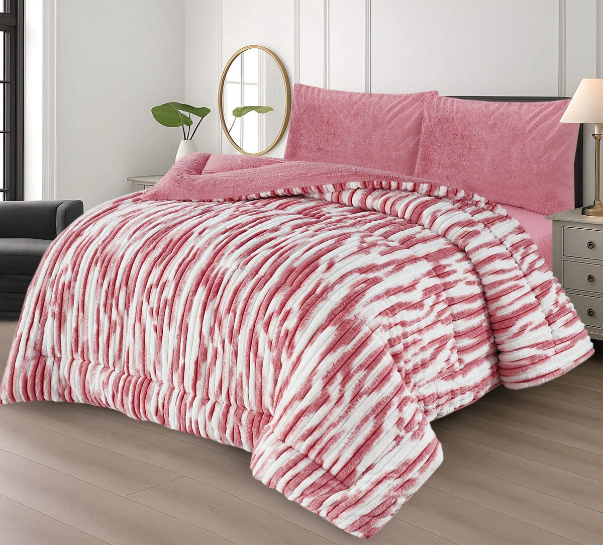 Premium 4-Piece Razai Set – Strawberry Pink & White – Double Bed Winter