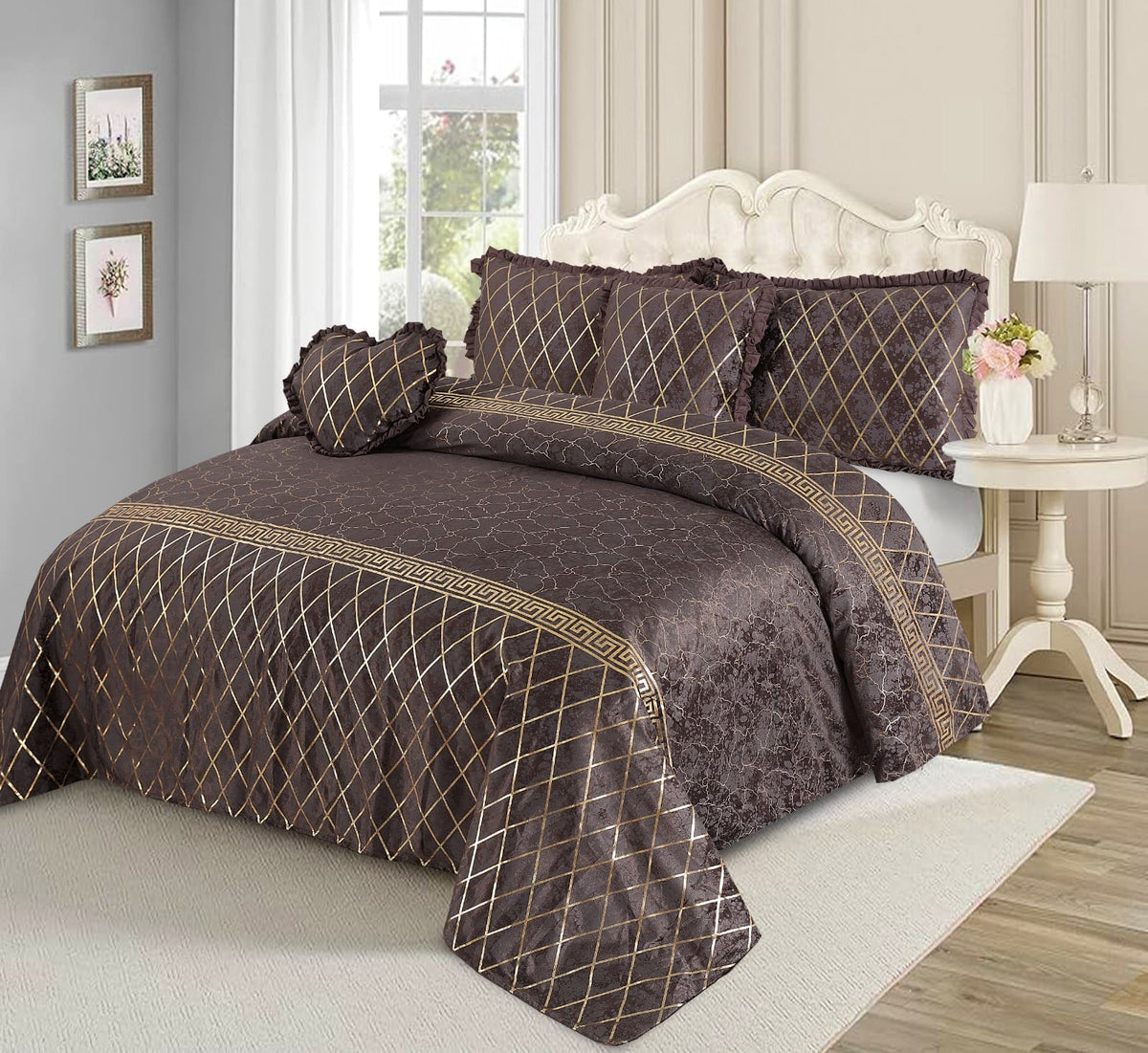 5 PCS VELVET TEXTURE VERSACE BEDSHEET SET-BROWN
