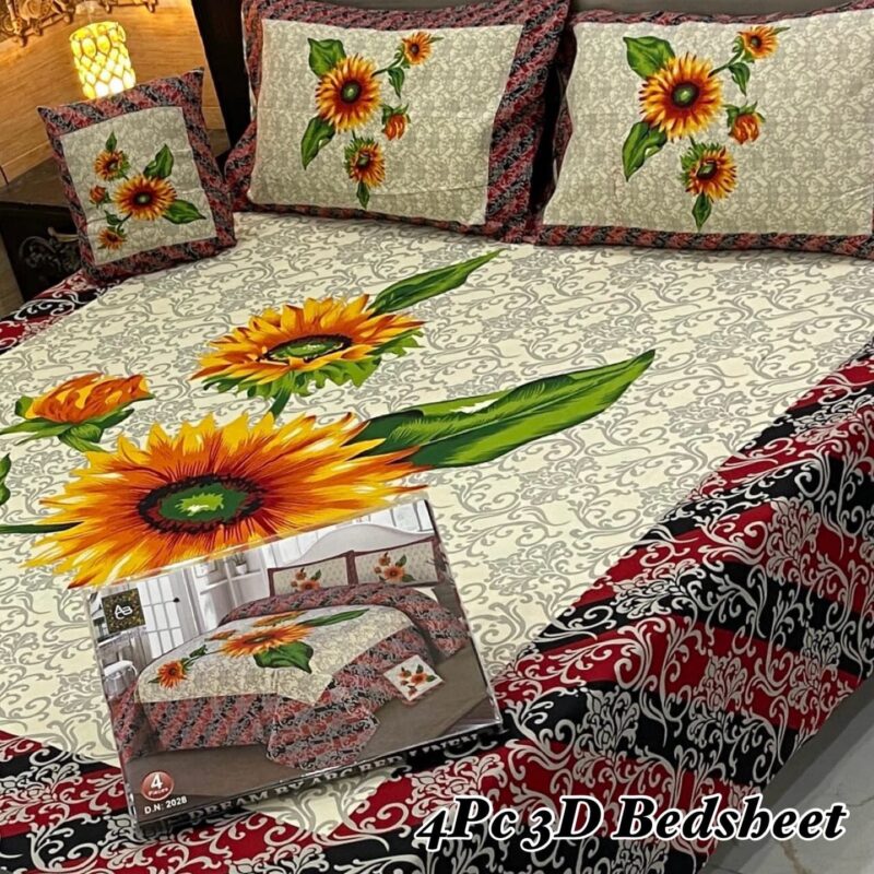 Cotton 4 Piece Double Bed Sheet Set | 3D Panel Bedsheet